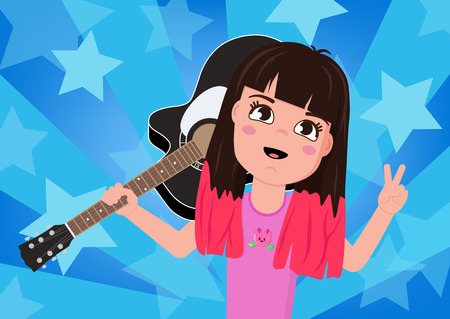 Girl in pink t-shirt with a guitar on her shoulder.のイラスト素材