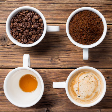 Coffee beans, ground coffee, ready coffee and an empty cup on wooden boards. Square photo, top view.の写真素材