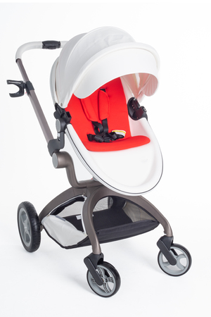 White baby stroller on the white backgroundの写真素材