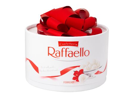 KHABAROVSK, RUSSIA - JUNE 28, 2018: Box of Raffaello sweets - Crispy coconut with whole almond. Produced by the Italian company Ferrero.のeditorial素材