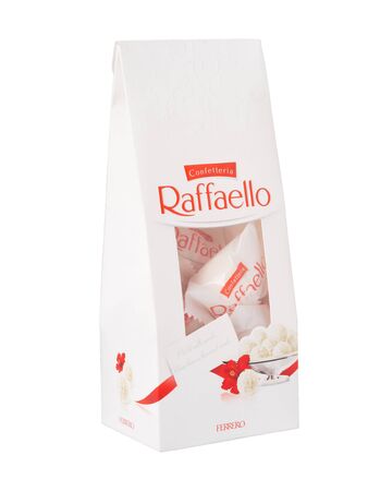 KHABAROVSK, RUSSIA - JUNE 28, 2018: A pack of Raffaello sweets - Crispy coconut with whole almond. Produced by the Italian company Ferrero.のeditorial素材