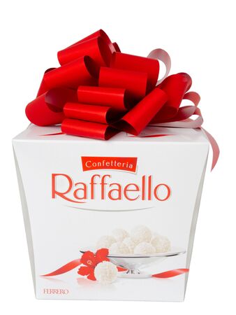 KHABAROVSK, RUSSIA - JUNE 28, 2018: Large box of Raffaello sweets - Crispy coconut with whole almond. Produced by the Italian company Ferrero.のeditorial素材
