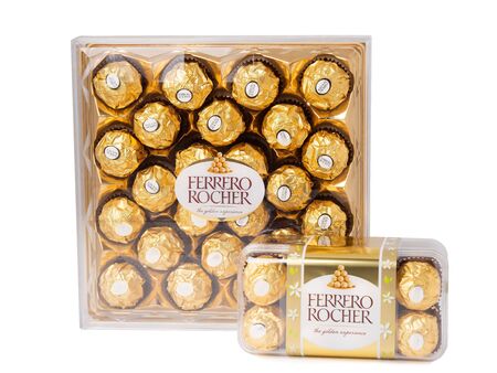 KHABAROVSK, RUSSIA - JUNE 28, 2018: Two  Box of chocolates Ferrero Rocher - Chocolate sweets with whole hazelnuts. Produced by the Italian company Ferrero.のeditorial素材
