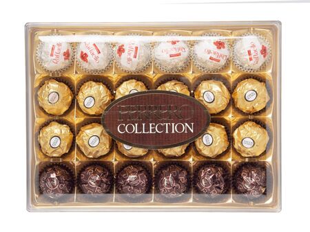 KHABAROVSK, RUSSIA - JUNE 28, 2018: Big plastic Box of sweets Ferrero collection. Rafaello, Rocherのeditorial素材