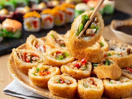 Roll with meat and vegetables in breading.の写真素材