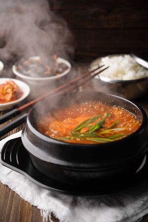 Very hot spicy korean soup yukgaejang gukbap is korea traditional soup with beef.の写真素材