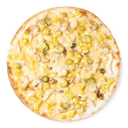 Tasty pizza with salted cucumbers and cheese on a white backgroundの写真素材