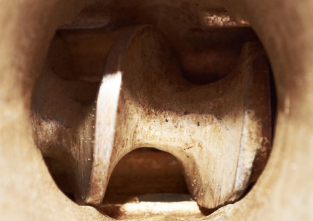 Old worn hand meat grinder from inside