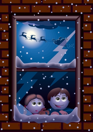 Two children are watching Santa Claus from their room window  Santa Claus is flying before the Moon in his deer drawn sleigh のイラスト素材