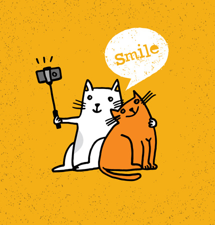 Two Cats Making Photo Using Selfie Stick. Funny Animal Illustration On Distressed Backgroundのイラスト素材