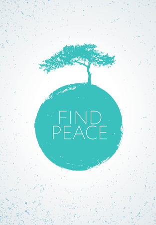 Find Peace. Creative Minimalistic Zen Poster Concept. Pine Tree Silhouette With Grunge Circle Backgroundの写真素材