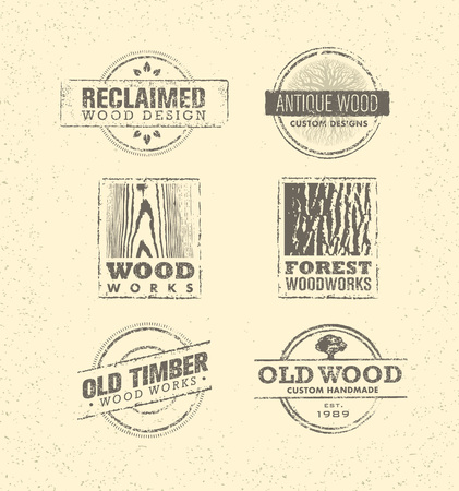 Reclaimed Wood Design Element. Creative Set Of Rustic Labels And Stamps For Custom Interior Workshop Company.のイラスト素材