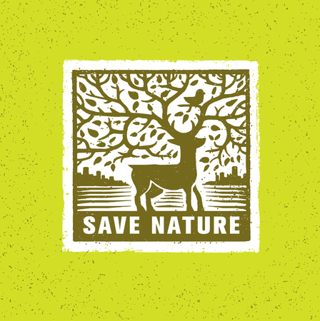 Save Nature. Deer With Tree Branches And Bird Vector Concept On Organic Background.のイラスト素材