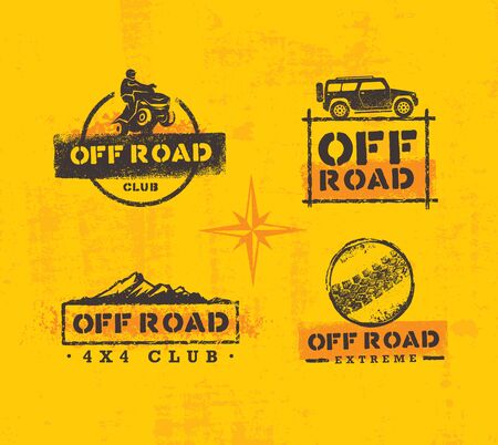 Off Road Park ATV Creative Sign Set. Extreme Adventure Design Element On Grunge Wall Backgroundのイラスト素材