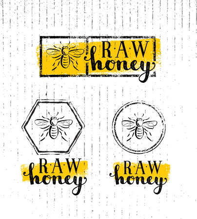 Raw Honey Creative Sign Vector Concept. Organic Healthy Food Design Element With Bee Icon On Rough Stained Backgroundのイラスト素材