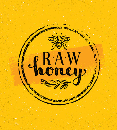 Raw Honey Creative Sign Vector Concept. Organic Healthy Food Design Element With Bee Icon On Rough Stained Backgroundのイラスト素材
