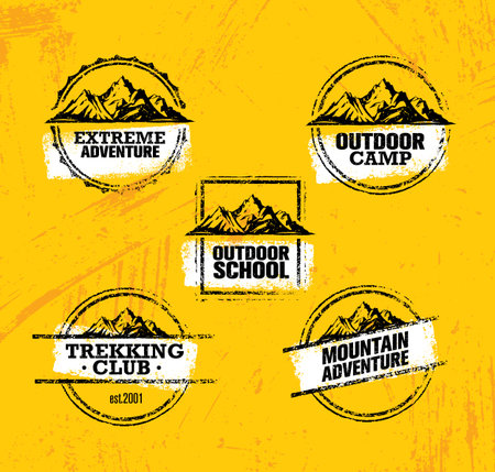 Mountain Adventures Vector Stamps Collection. Outdoor Design Elements Set On Rough Grunge Backgroundのイラスト素材