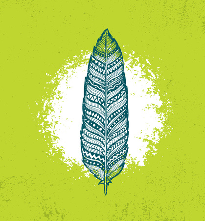 Ethno Tribal Feather Creative Vector Illustration On Rough Background. Stylish Handmade Design Elementのイラスト素材
