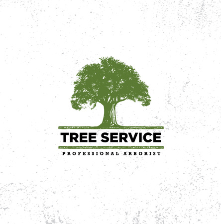 Professional Arborist Tree Care Service Organic Eco Sign Concept. Landscaping Design Raw Vector Illustration On Distressed Wall Background