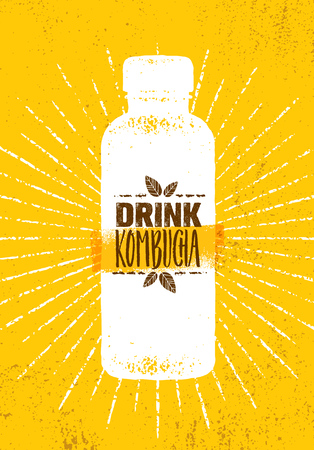 Kombucha Tea Brewery Natural Healthy Soft Drink Illustration Concept. Bio Raw Nutrition Food Vector Illustration On Rough Textured Background.のイラスト素材