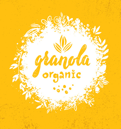 Healthy Vegan Snack Granola Cereal Vector Nutrition Food Design Element. Organic Handmade Concept. Rough Eco Breakfast Illustration On Grunge Wall Backgroundのイラスト素材