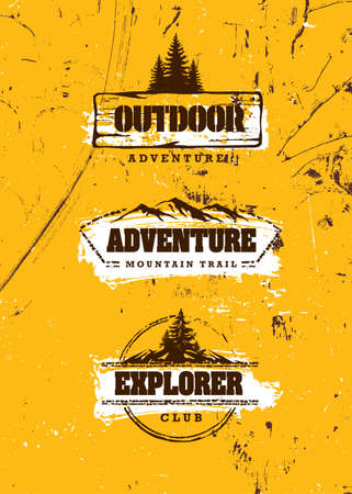 Mountain Trail Outdoor Adventure Sign Concept. Wilderness Survival Gear Illustration On Grunge Background With Pine Treesのイラスト素材