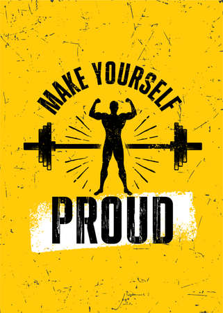 Make Yourself Proud. Gym Typography Inspiring Workout Motivation Quote. Barbell Illustration On Rough Wall Urban Background With Brush Strokeのイラスト素材
