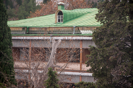 old wooden building with patterned carvings in high qualityの写真素材