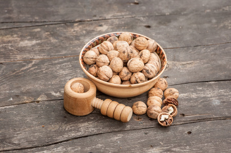 walnuts on a wooden table high qualityの写真素材