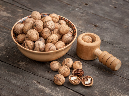 walnuts on a wooden table high qualityの写真素材