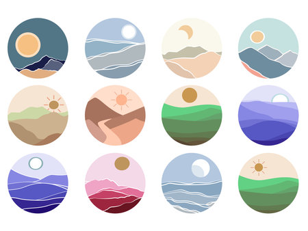 Set of round icons with mountains, sun, and sea. Vector illustration, Landscape art Boho icon contemporary travel template poster artwork set.のイラスト素材