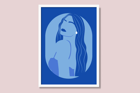 Beautiful girl in a blue frame. Vector illustration of a girl with long hair.のイラスト素材