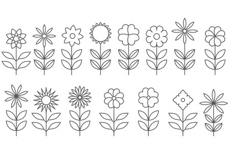 Flowers and leaves line icon set. Floral design elements for the web.のイラスト素材