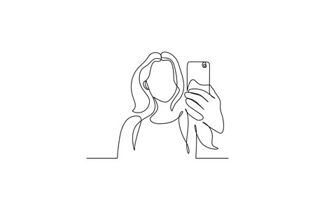 continuous line drawing of a woman taking a selfie. Vector illustrationのイラスト素材