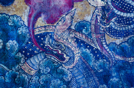 Thai mural paintings in temple in wat pho Bangkok Thailand. Paintings on the walls of Wat Pho temple in Bangkok.の写真素材