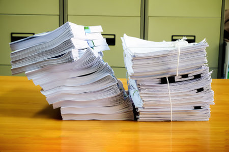 Pile of unfinished documents on office desk, Stack of business paper