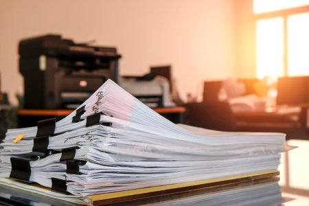 Pile of unfinished documents on office desk, Stack of business paperの写真素材