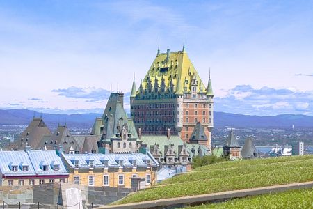 Chateau Frontenac, located in Quebec City, sits majestically over the St. Lawrence Seaway in Canada.の写真素材