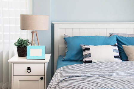 the bedroom in blue theme.の写真素材