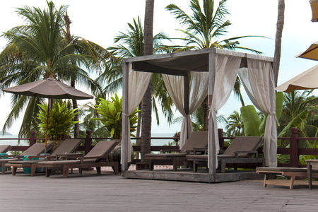 Wooden beach chairs at outdoor.の写真素材