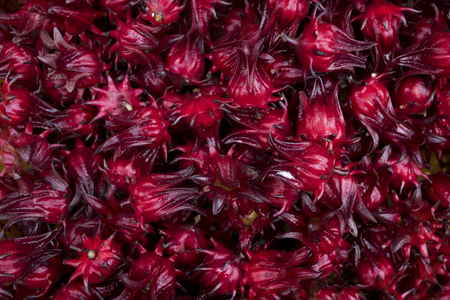 Background and texture of red roselle. Pile of red roselle for make healthy beverage.の写真素材