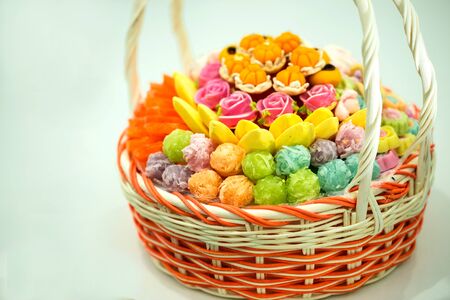 delicious and beautiful thai desserts in basketの写真素材