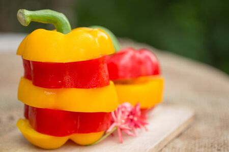 slice sweet pepper on cutting boardの写真素材