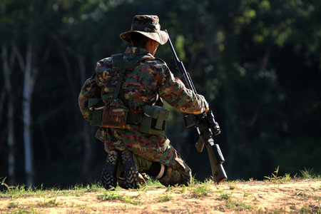 soldier  prepared for shooting rifleの写真素材