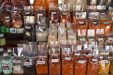 Spices on display for sale in a marketの写真素材