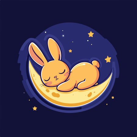 Cute little rabbit sleeping on the moon. Vector illustration in cartoon style.の素材