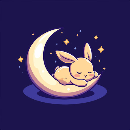 Cute little bunny sleeping on the moon. Vector illustration in cartoon style.の素材