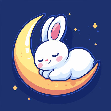 Cute cartoon rabbit sleeping on the moon. Vector illustration in a flat style.の素材