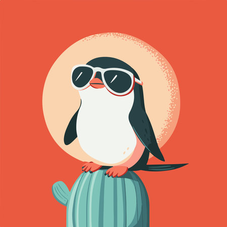 Cute penguin in sunglasses on a cactus. Vector illustrationの素材