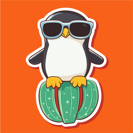cute penguin with sunglasses on the cactus vector illustration.の素材